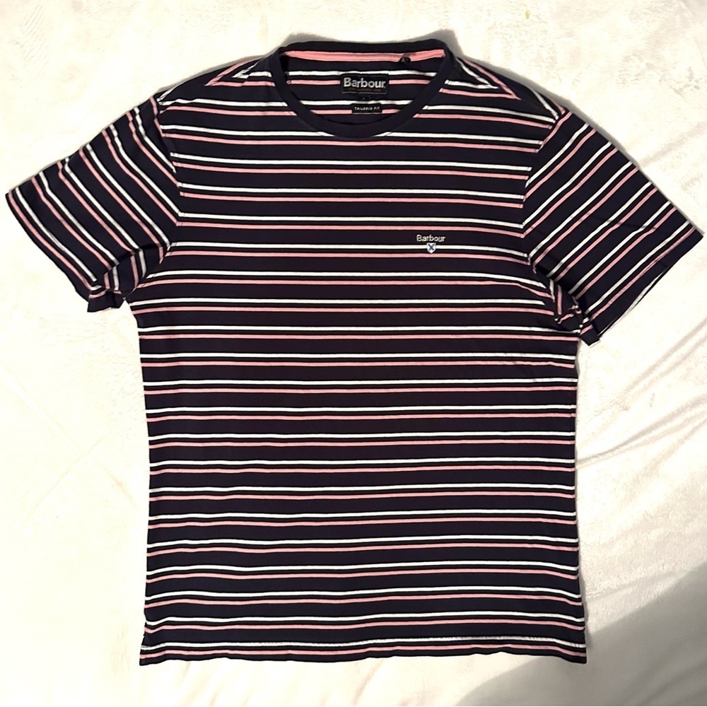 Barbour Striped Mens T-shirt L Tailored Fit Navy Pink White casual top crew neck